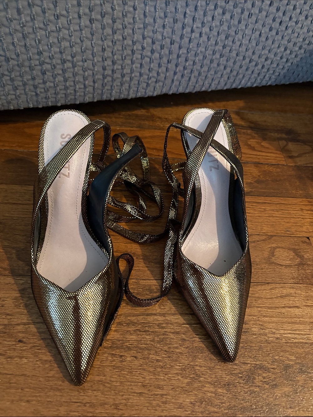 SCHUTZ Metallic Gold Pointed Lace-Up Slingback Heels